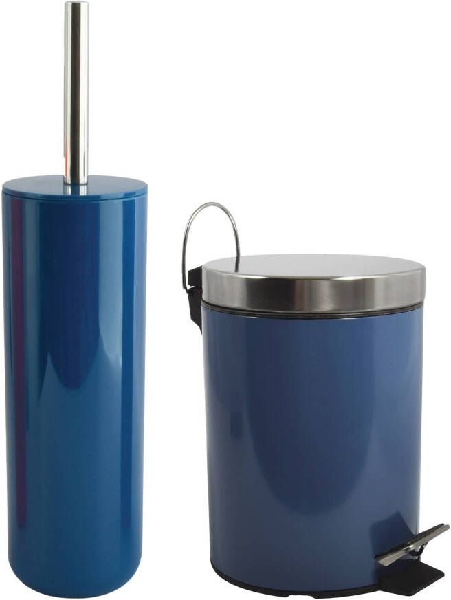 Spirella MSV Toiletborstel in houder 38 cm pedaalemmer 3L set Moods Metaal blauw Badkameraccessoireset