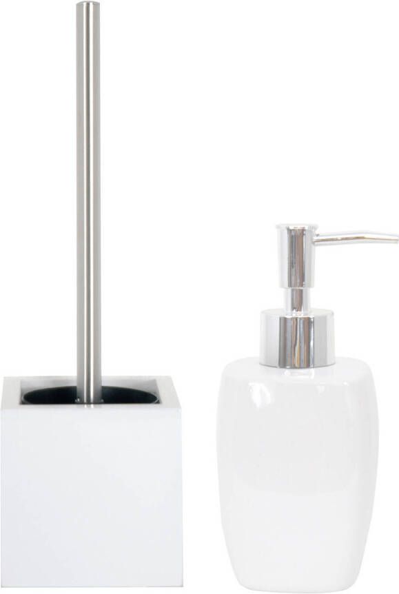 Spirella MSV Toiletborstel in houder 38 cm zeeppompje badkamer accessoires set Montreal MDF keramiek wit Badkameraccessoire
