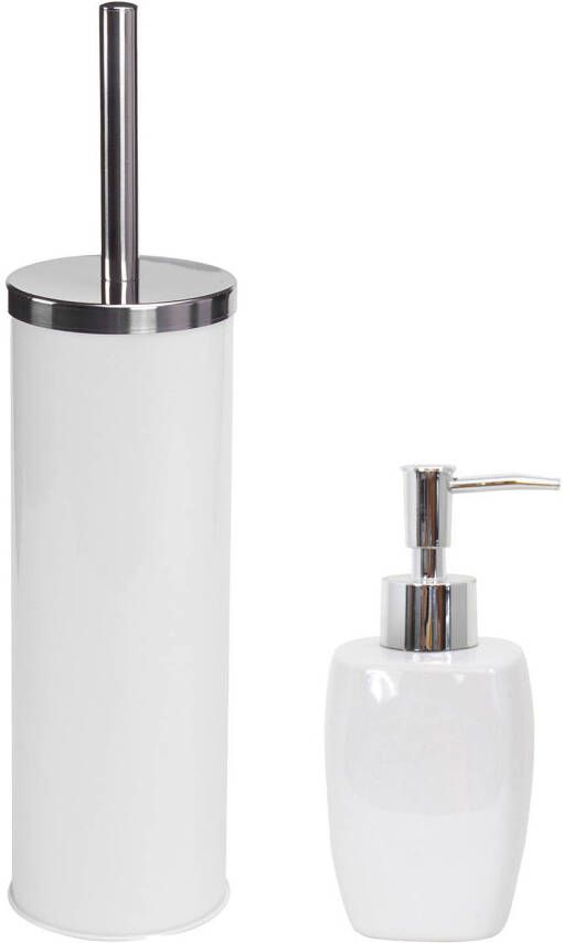 Spirella MSV Toiletborstel in houder 38 cm zeeppompje badkamer accessoires set Montreal RVS keramiek wit Badkameraccessoire