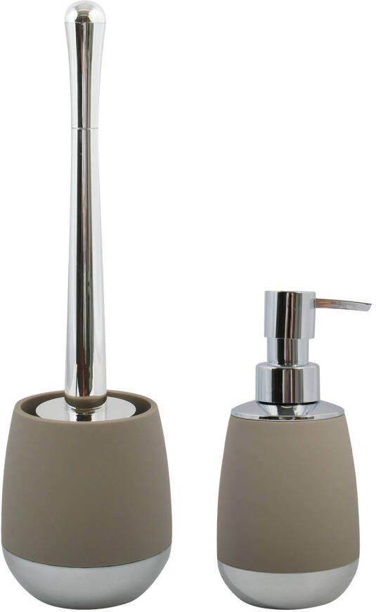 Spirella MSV Toiletborstel in houder 38 cm zeeppompje set Bilbao ABS kunststof taupe beige Badkameraccessoireset