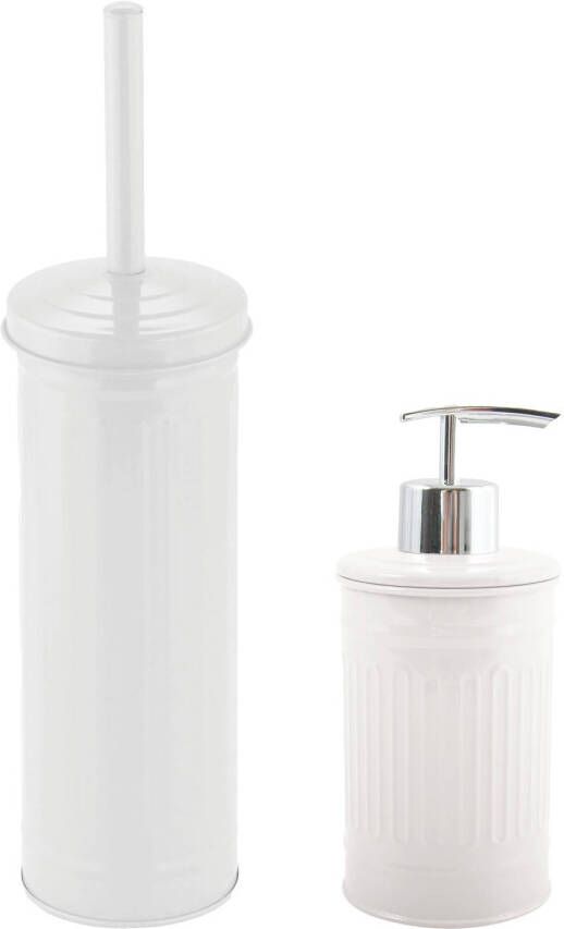 Spirella MSV Toiletborstel in houder 38 cm zeeppompje set Industrial metaal ivoor wit Badkameraccessoireset