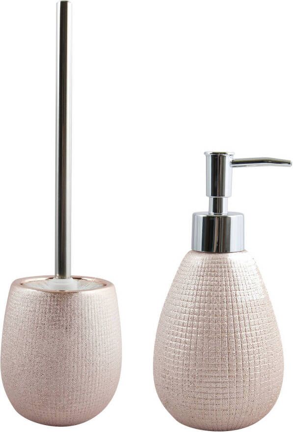 Spirella MSV Toiletborstel in houder 41 cm zeeppompje badkamer set Shanghai keramiek RVS rose goud Badkameraccessoireset