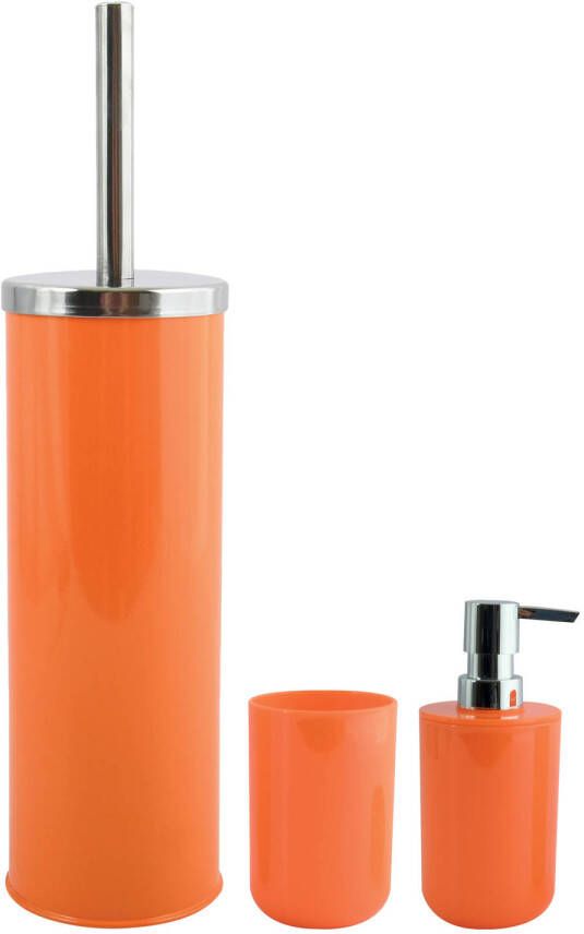 Spirella MSV Toiletborstel in houder beker zeeppompje badkamer set Moods metaal kunststof oranje Badkameraccessoireset
