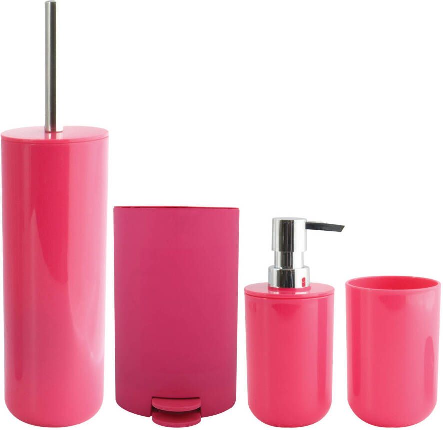 Spirella MSV Toiletborstel in houder beker zeeppompje pedaalemmer set Moods kunststof fuchsia roze Badkameraccessoireset