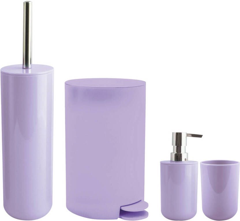Spirella MSV Toiletborstel in houder beker zeeppompje pedaalemmer set Moods kunststof lila paars Badkameraccessoireset