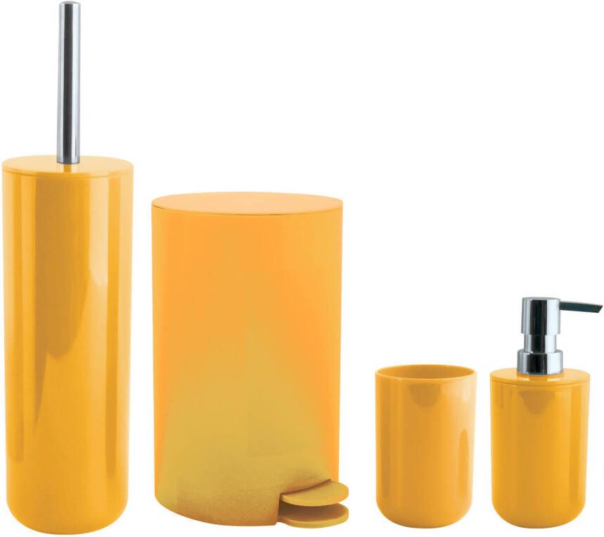 Spirella MSV Toiletborstel in houder beker zeeppompje pedaalemmer set Moods kunststof saffraan geel Badkameraccessoireset