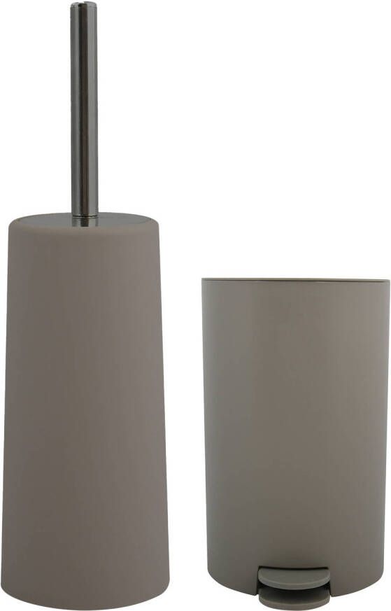 Spirella MSV Toiletborstel in houder pedaalemmer set Moods kunststof taupe beige Badkameraccessoireset