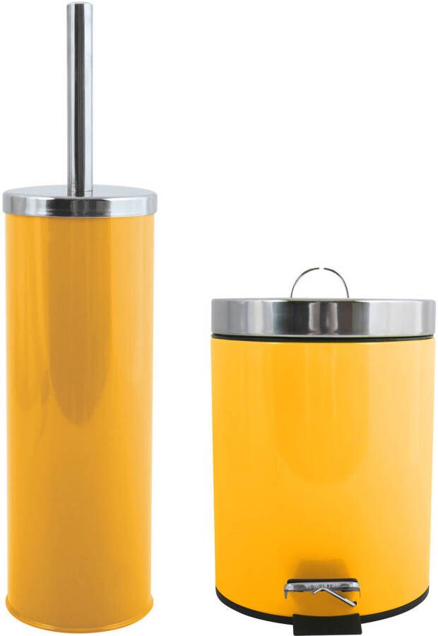 Spirella MSV Toiletborstel in houder pedaalemmer set Napoli metaal saffraan geel Badkameraccessoireset