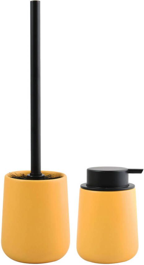 Spirella MSV Toiletborstel in houder zeeppompje badkamer set Malmo keramiek saffraan geel Badkameraccessoireset