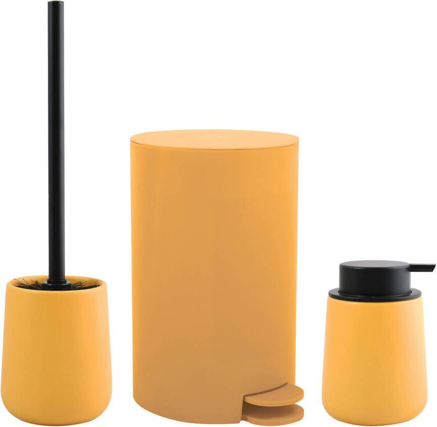 Spirella MSV Toiletborstel in houder zeeppompje pedaalemmer badkamer set Malmo keramiek saffraan geel Badkameraccessoires