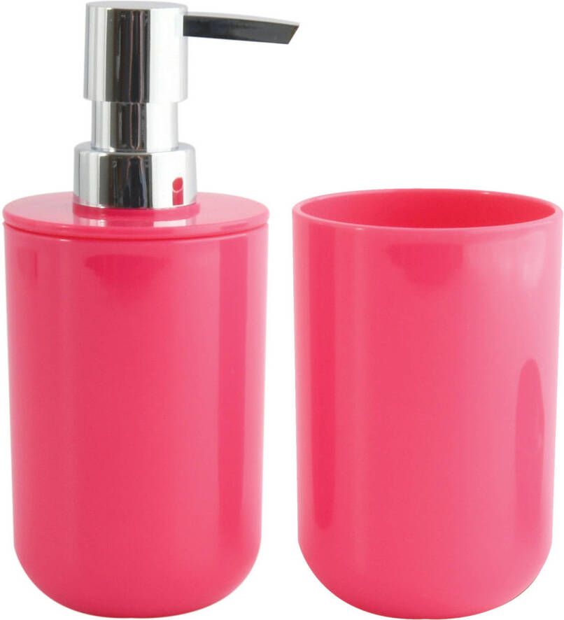Spirella MSV Zeeppompje en drink tandenborstel beker badkamer set Porto kunststof fuchsia roze Badkameraccessoireset