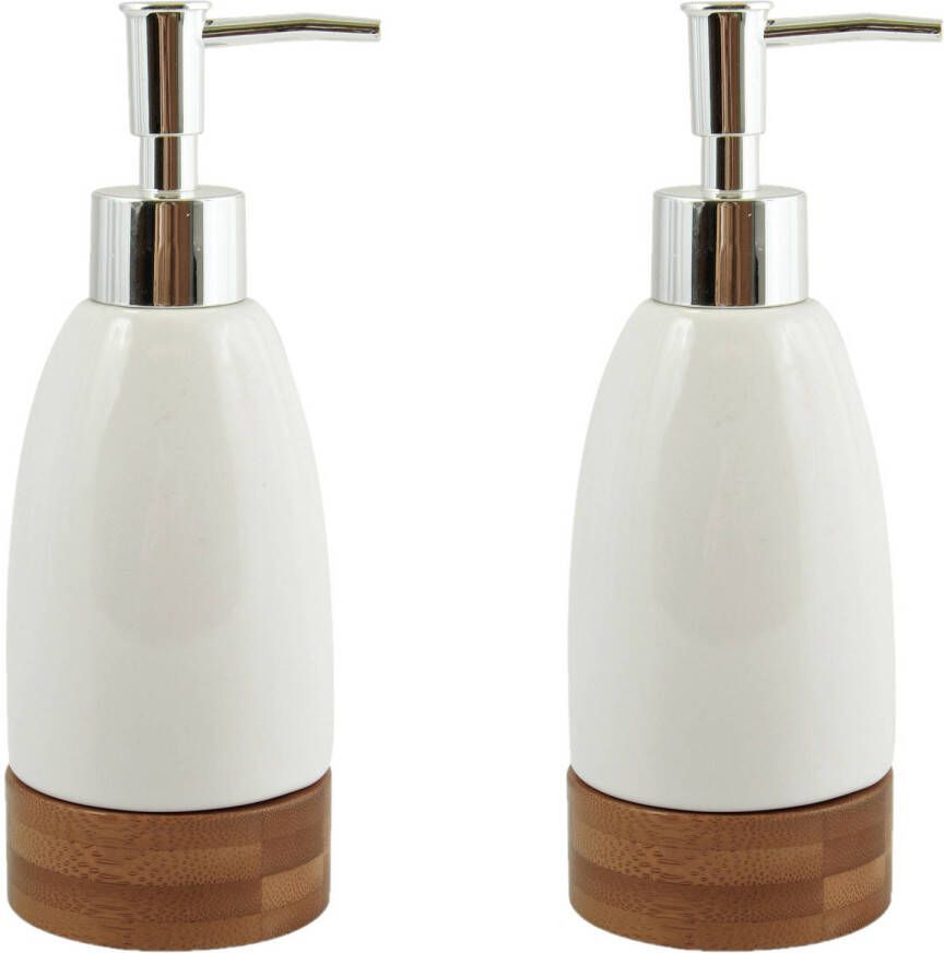Spirella MSV Zeeppompje dispenser 2x keramiek bamboe wit hout 7 x 19 cm 270 ml Zeeppompjes
