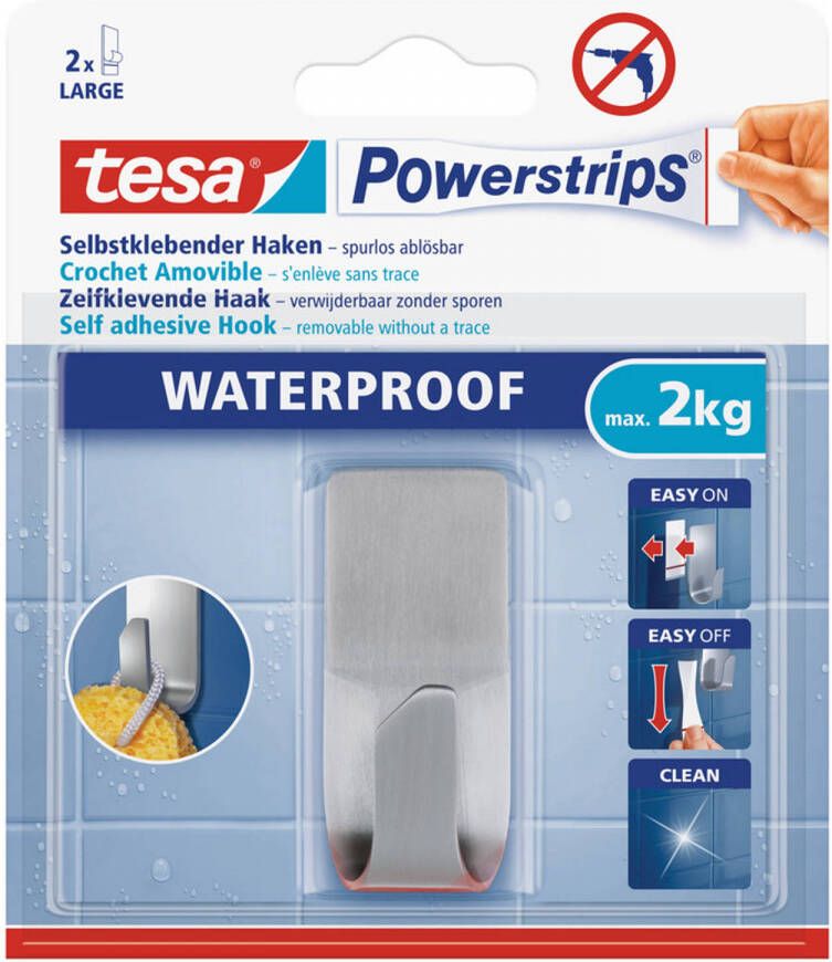 Tesa Powerstrips RVS haken waterproof 1 stuks Handdoekhaakjes