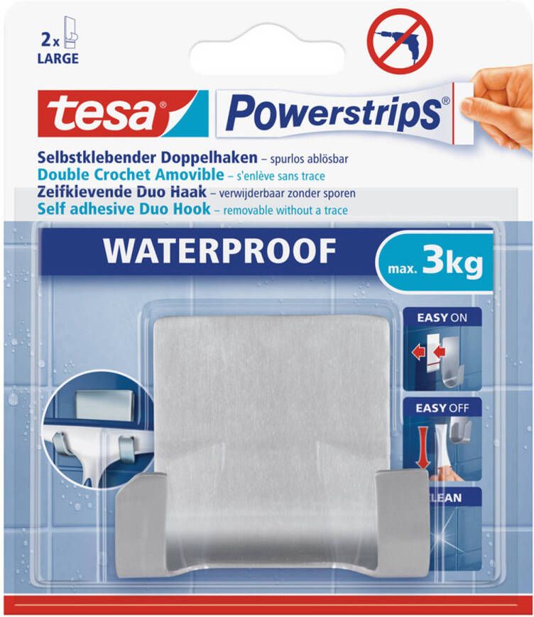 Tesa Powerstrips RVS dubbele haak waterproof 2 stuks Handdoekhaakjes