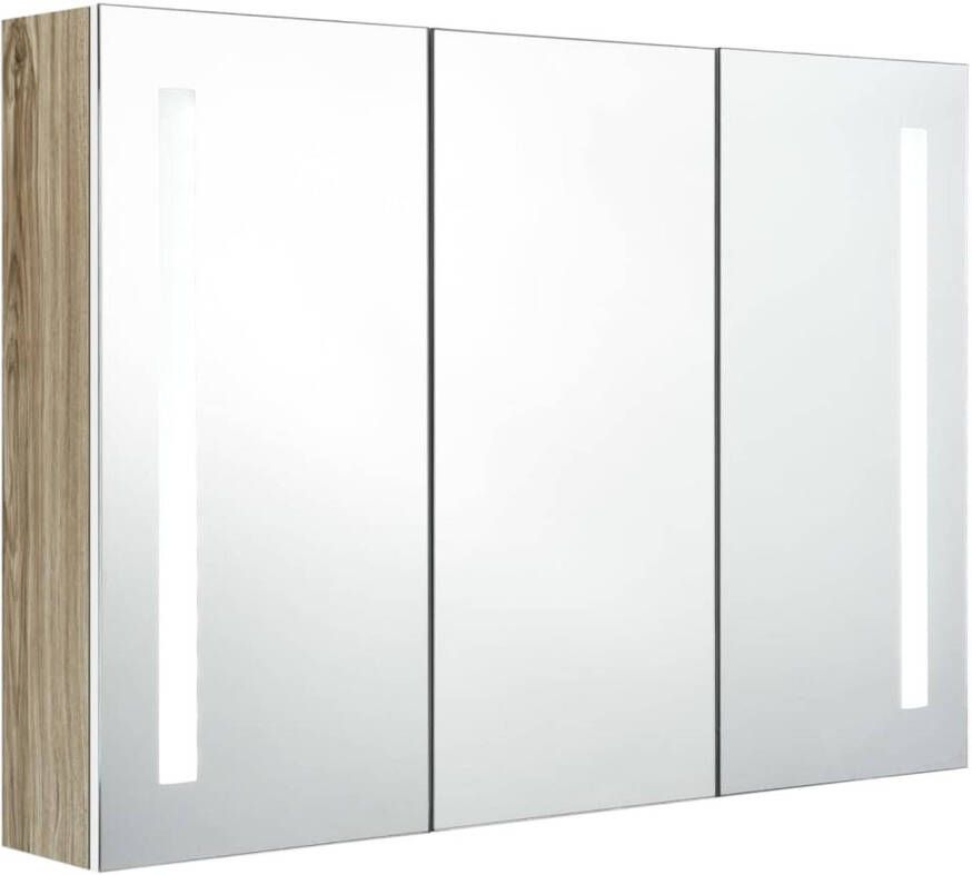 The Living Store -Badkamerkast-met-spiegel-en-LED-89x14x62-cm-wit-en-eikenkleurig Badkamerkast