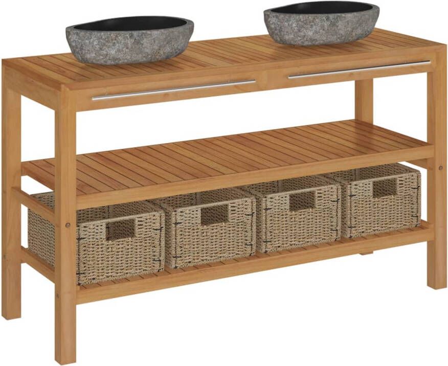 The Living Store Badkamermeubel Teakhout 132x45x75cm 2 Rivierstenen Wastafels 4 Zeegras Manden