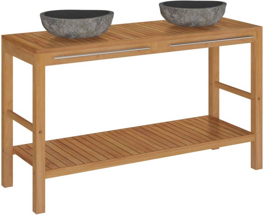 The Living Store Badkamermeubel Teakhout Wastafelkast met 2 Rivierstenen Wastafels 132x45x75cm