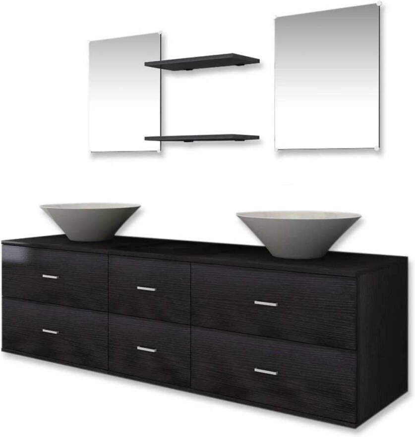 The Living Store Badkamermeubel Zwart 150 x 45 x 45 cm Bewerkt Hout 2 Schappen 2 Wasbakken Montageaccessoires
