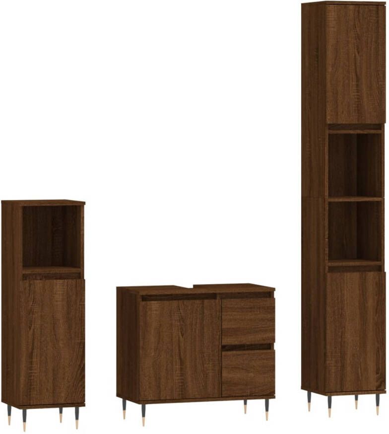 The Living Store Badkamermeubelset Bruineiken Hoog- 30x30x190 cm Laag- 30x30x100 cm Wastafelkast- 65x33x60 cm