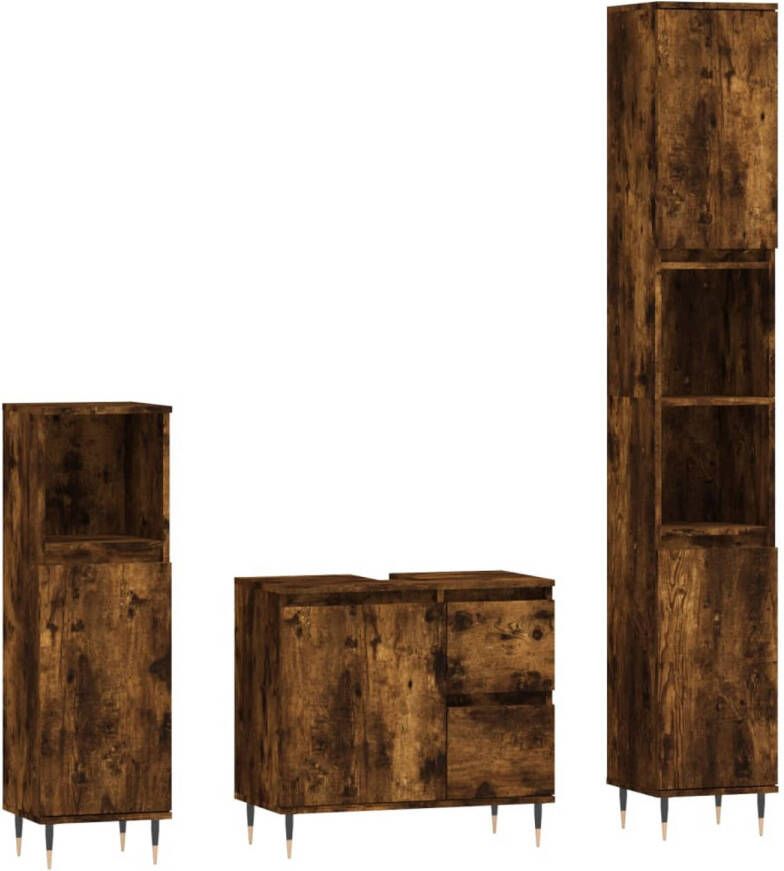 The Living Store Badkamermeubelset Gerookt eiken Hoog- 30x30x190 cm Laag- 30x30x100 cm Wastafelkast- 65x33x60