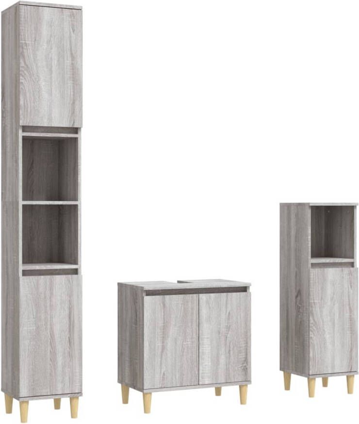 The Living Store badkamerset grijs sonoma eiken wastafelkast 58x33x60cm staande kasten 30x30x100cm en 30x30x190cm