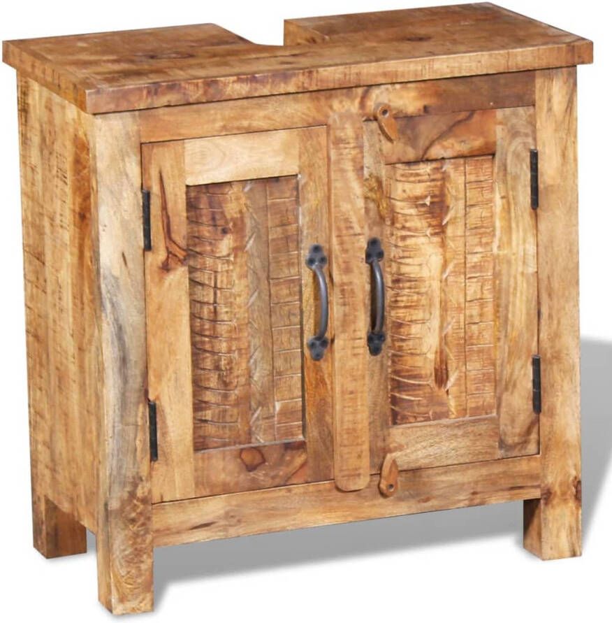 The Living Store Badkamerset vintage hout wastafelkast 60cm spiegel 45x55cm massief mangohout