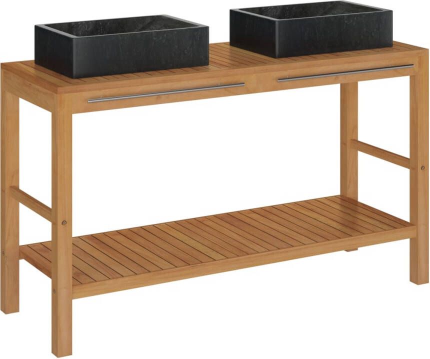 The Living Store Badmeubelset Teakhout Met Marmeren Wastafel 132x45x75 cm Zwart Montage vereist