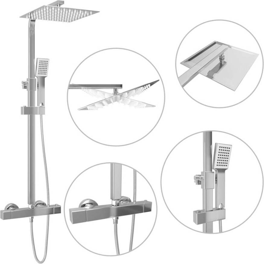 The Living Store dubbele doucheset thermostaat regendouche handdouche 200 x 200 mm zilver roestvrij staal