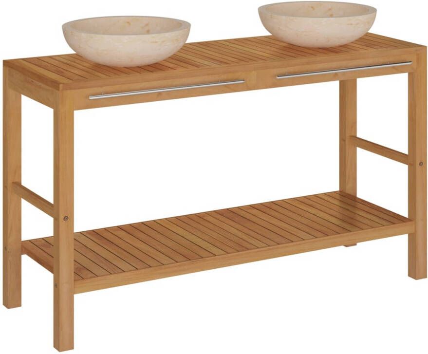 The Living Store Houten kast wastafels massief teakhout 132 x 45 x 75 cm marmer