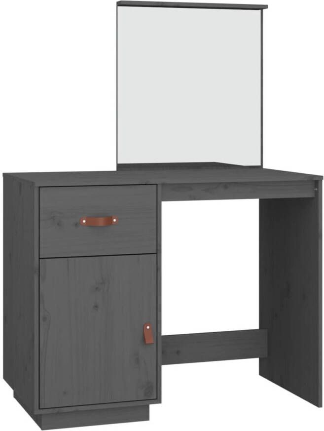 The Living Store Kaptafel Massief grenenhout Make-uptafel met spiegel Grijs 95x50x134cm