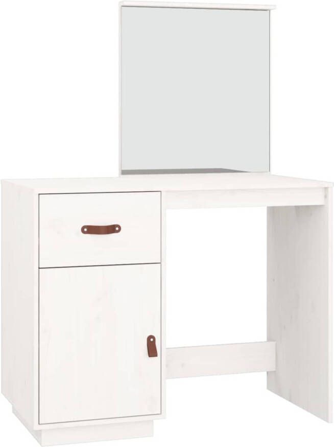 The Living Store Kaptafel Massief Grenenhout Make-uptafel met Spiegel Wit 95x50x134 cm