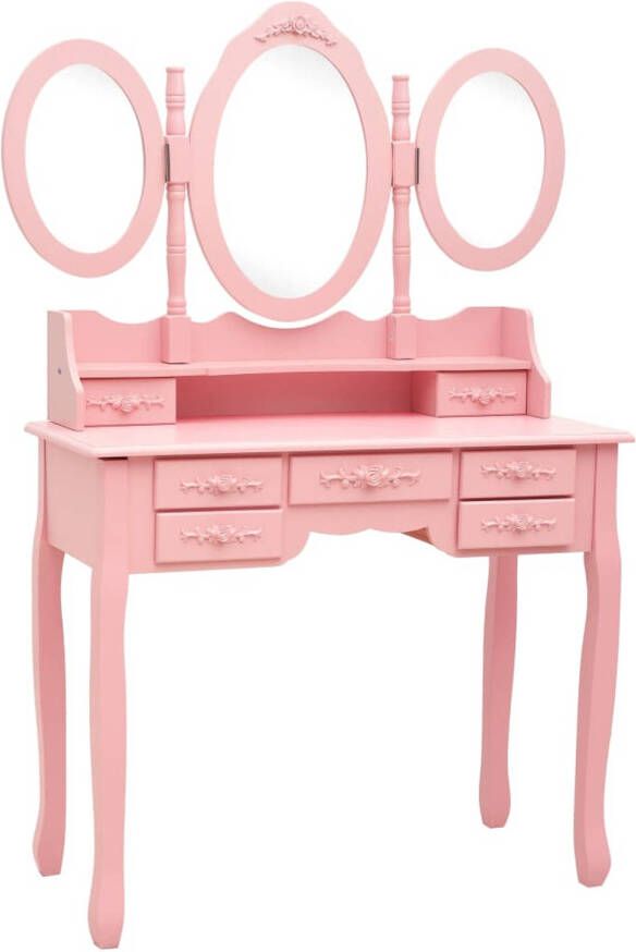 The Living Store Kaptafel Roze Paulowniahout MDF Glas Spons 90x40x146cm Met spiegels en 7 lades