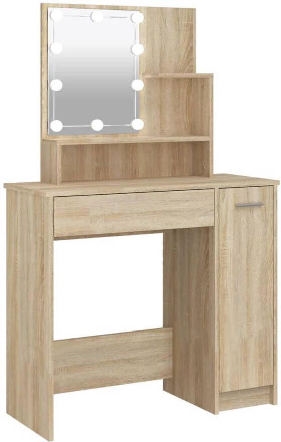 The Living Store Kaptafel Sonoma Eiken 86.5 x 35 x 136 cm LED-verlichting Opbergruimtes