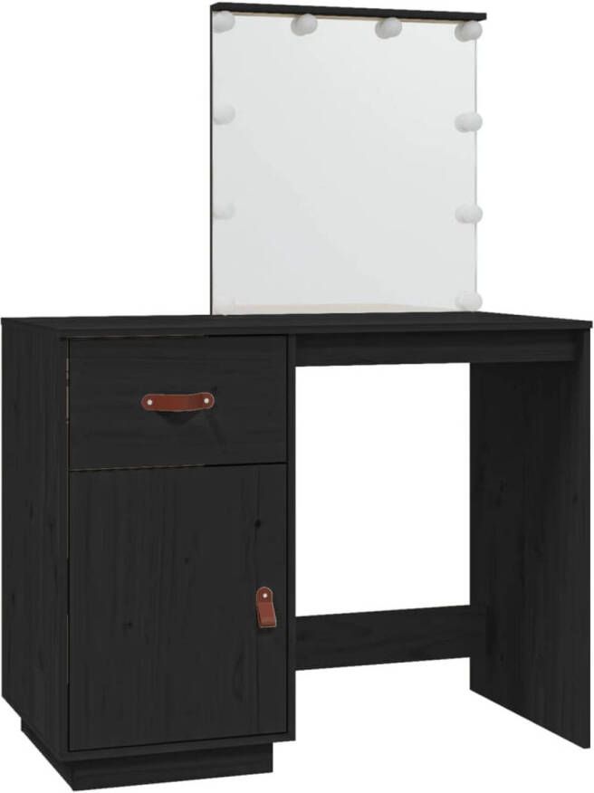 The Living Store Kaptafel Zwarte Massief Grenenhout LED Verlichting 95x50x133.5cm Inclusief Spiegel