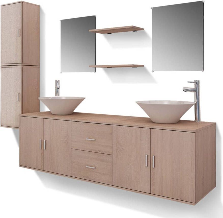 The Living Store Wandgemonteerd badkamermeubelset 150x45x45 cm beige hout inclusief wastafel kranen en