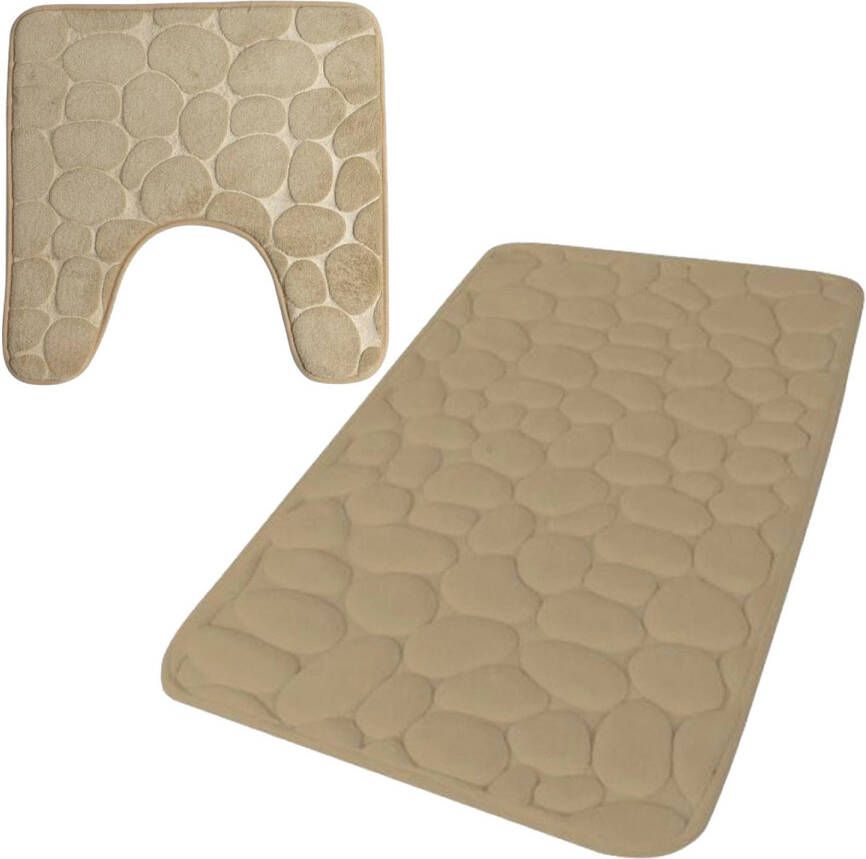 Urban Living badkamer droogloop matjes tapijt set 2x stuks memory foam beige Badmatjes