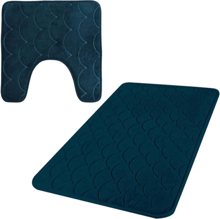 Urban Living badkamer droogloop matjes tapijt set 2x stuks memory foam donkerblauw Badmatjes