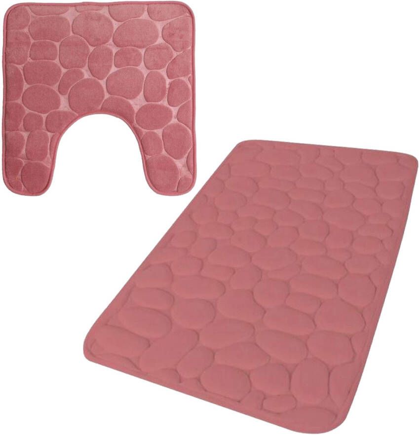 Urban Living badkamer droogloop matjes tapijt set 2x stuks memory foam oud roze Badmatjes