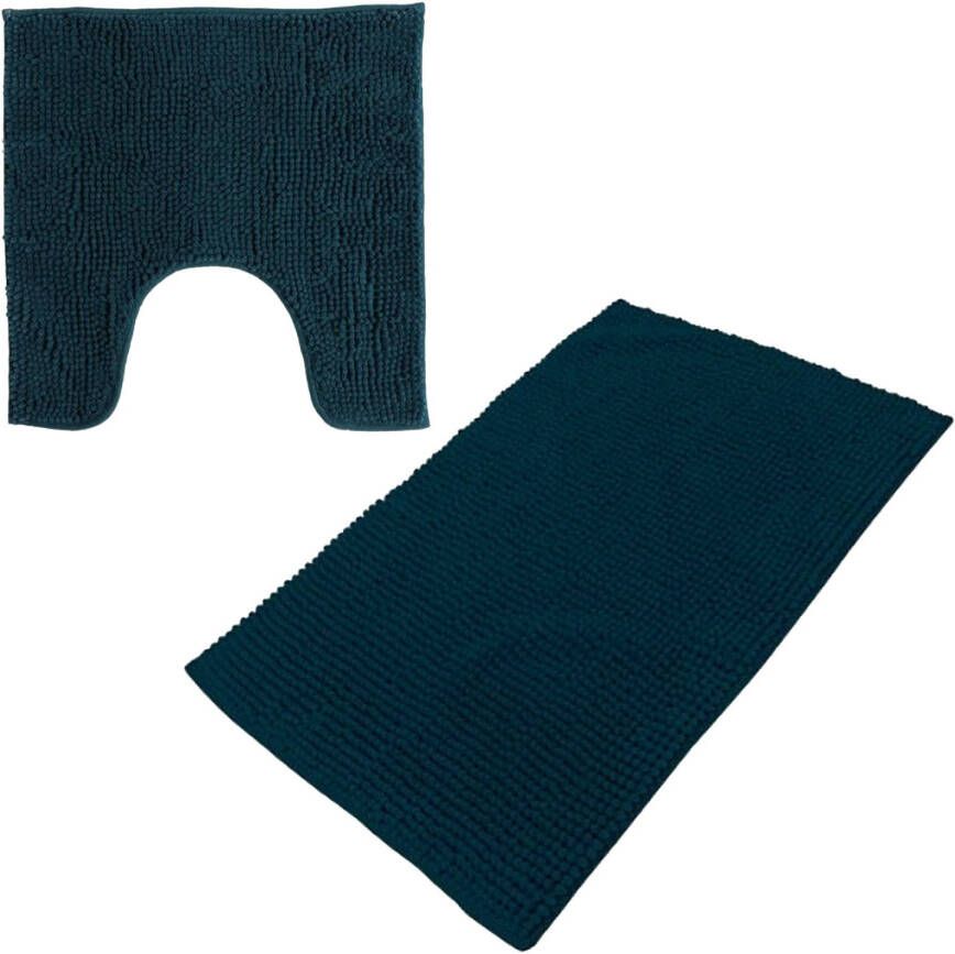Urban Living badkamer droogloop matjes tapijt set 2x stuks polyester donkerblauw Badmatjes
