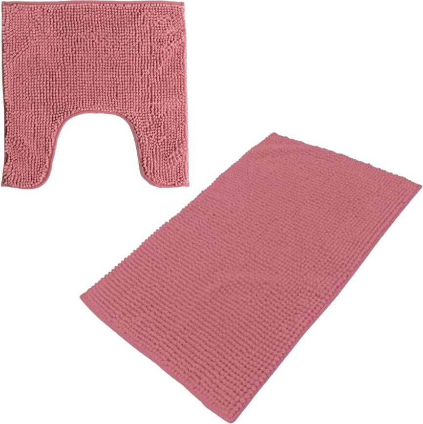 Urban Living badkamer droogloop matjes tapijt set 2x stuks polyester oud roze Badmatjes