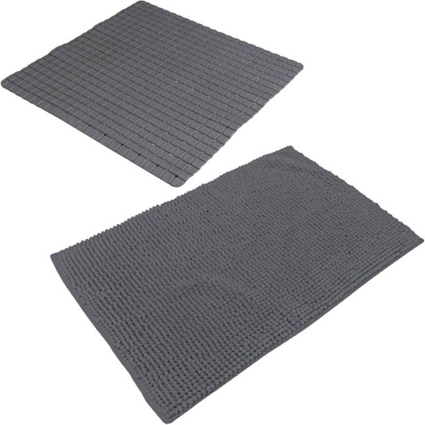 Urban Living Douche anti-slip en droogloop mat tapijt badkamer set rubber polyester antraciet Badmatjes