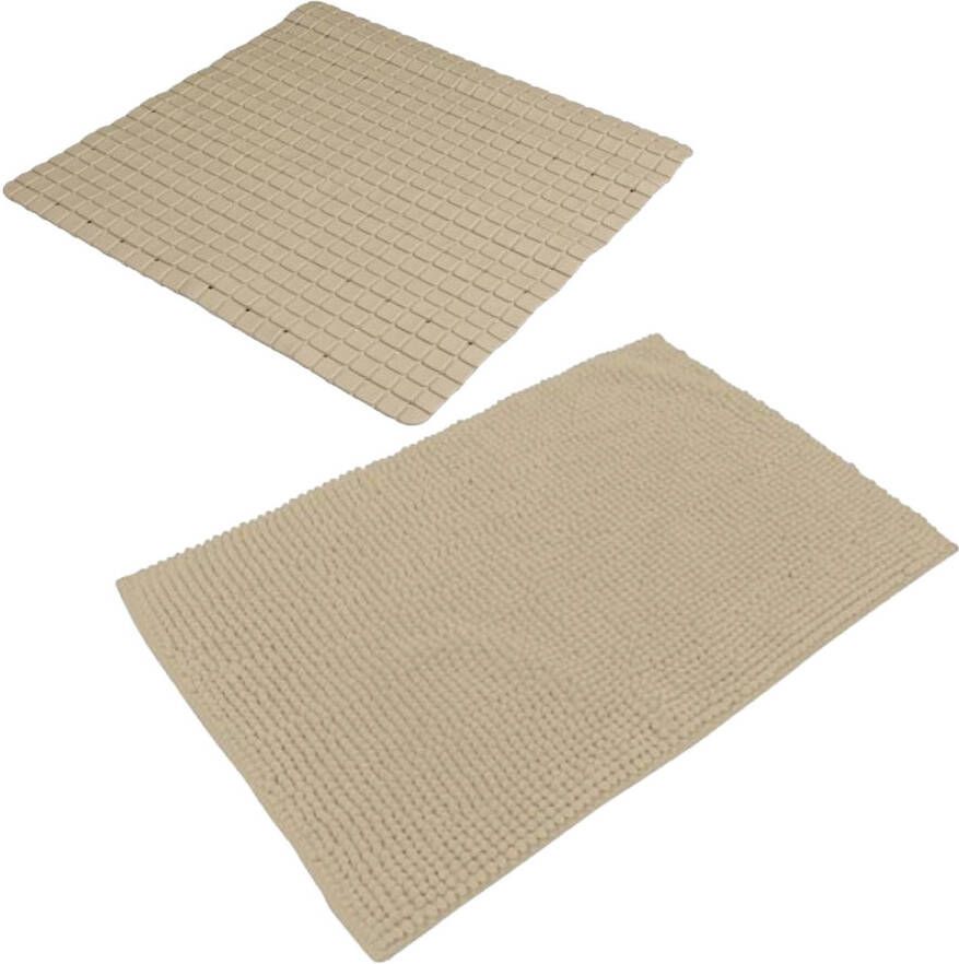 Urban Living Douche anti-slip en droogloop mat tapijt badkamer set rubber polyester beige Badmatjes