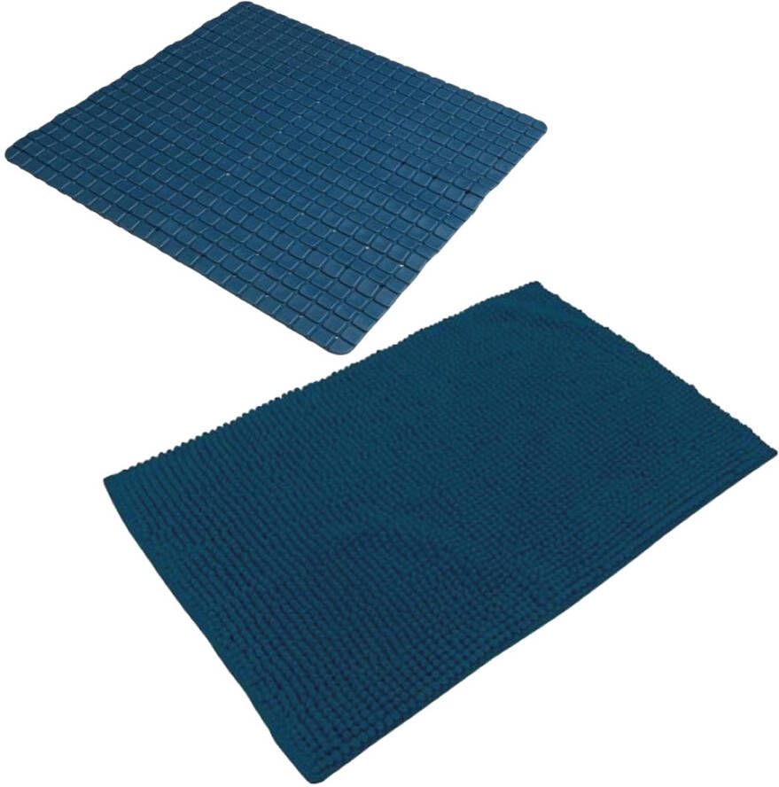 Urban Living Douche anti-slip en droogloop mat tapijt badkamer set rubber polyester donkerblauw Badmatjes