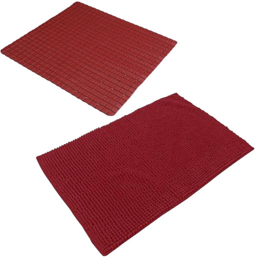 Urban Living Douche anti-slip en droogloop mat tapijt badkamer set rubber polyester donkerrood Badmatjes