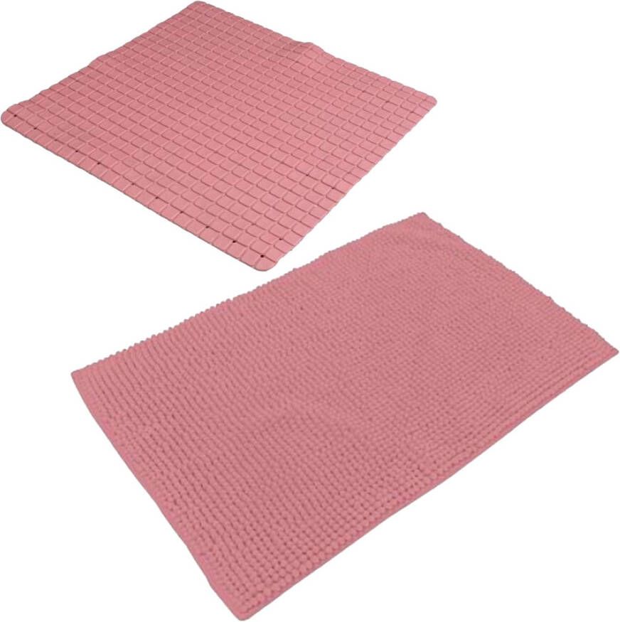 Urban Living Douche anti-slip en droogloop mat tapijt badkamer set rubber polyester oud roze Badmatjes