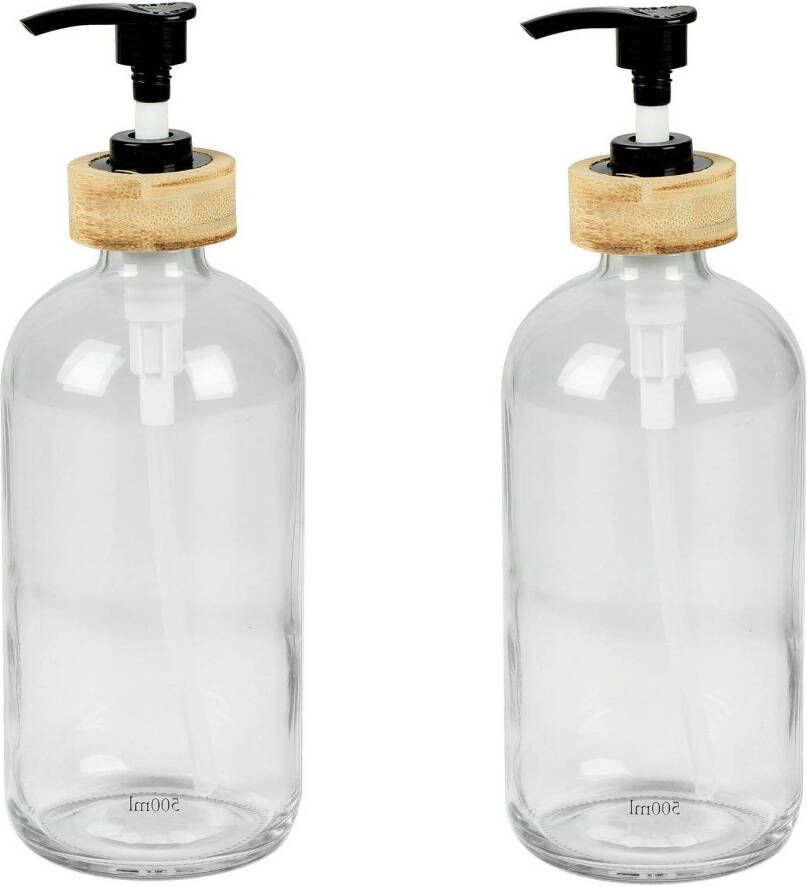 Urban Living Zeeppompje zeepdispenser 2x glas bamboe transparant 0.5 liter 21 cm Zeeppompjes
