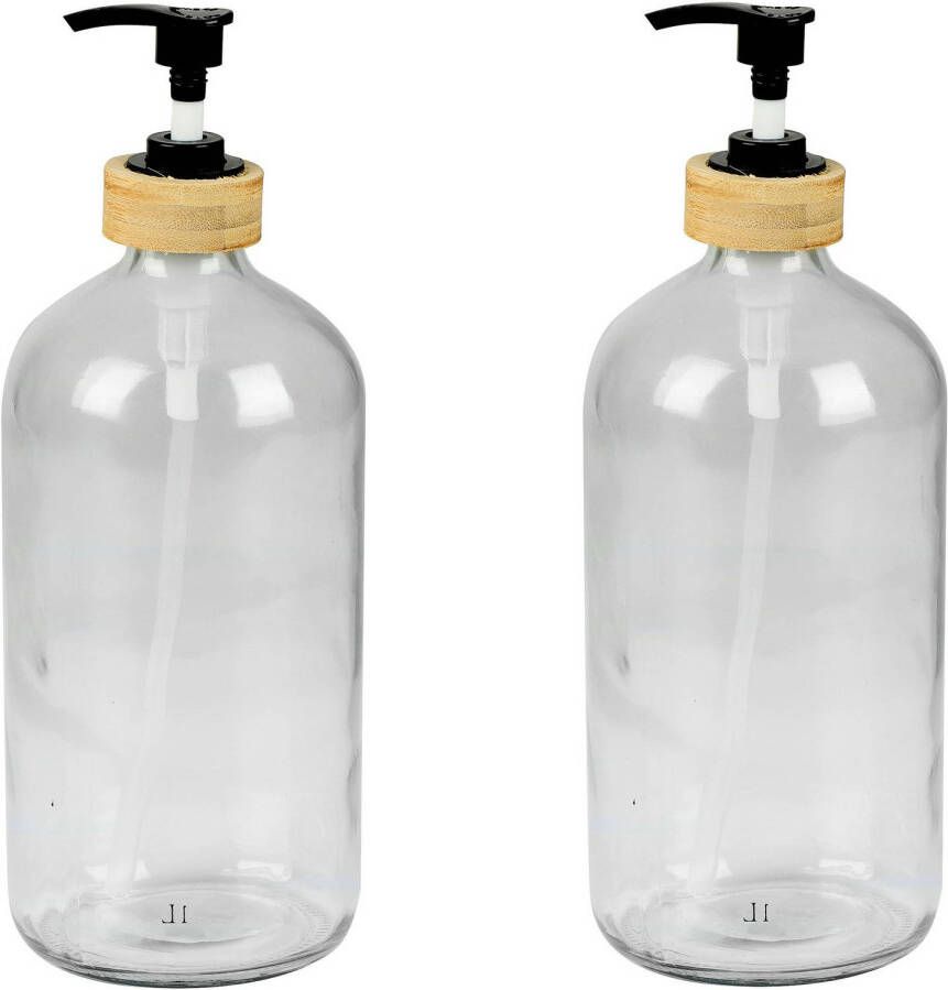 Urban Living Zeeppompje zeepdispenser 2x glas bamboe transparant 1 liter 24 cm Zeeppompjes