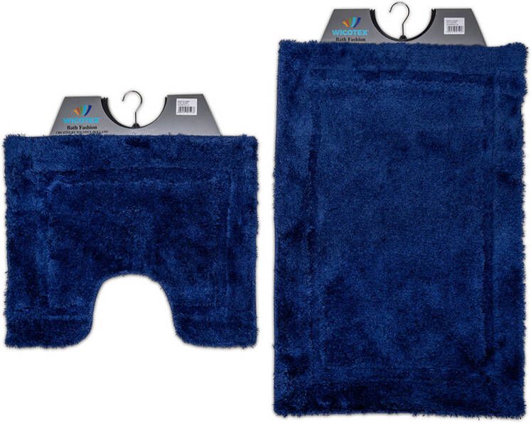 Wicotex -Badmat set met Toiletmat-WC mat-met uitsparing blauw uni-Antislip onderkant