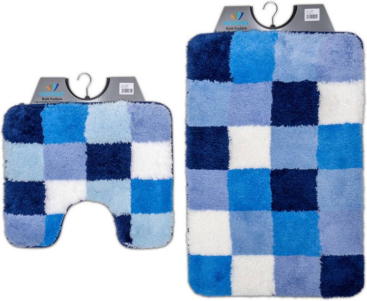 Wicotex -Badmat set met Toiletmat-WC mat-met uitsparing blauw wit geblokt-Antislip onderkant