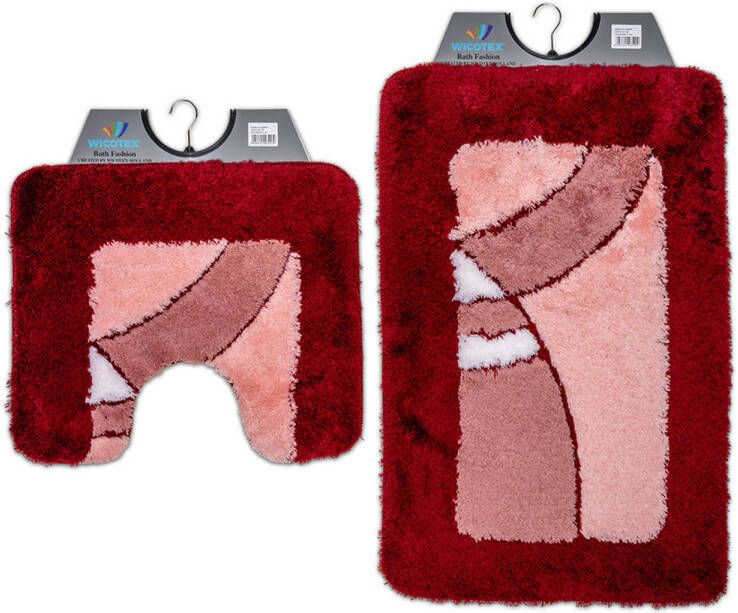 Wicotex -Badmat set met Toiletmat-WC mat-met uitsparing bordeaux-Antislip onderkant